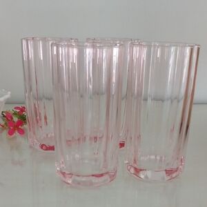 Pink Scalloped Rim Fluted Glass Tumblers 14 oz 6" x 3" Set of 4